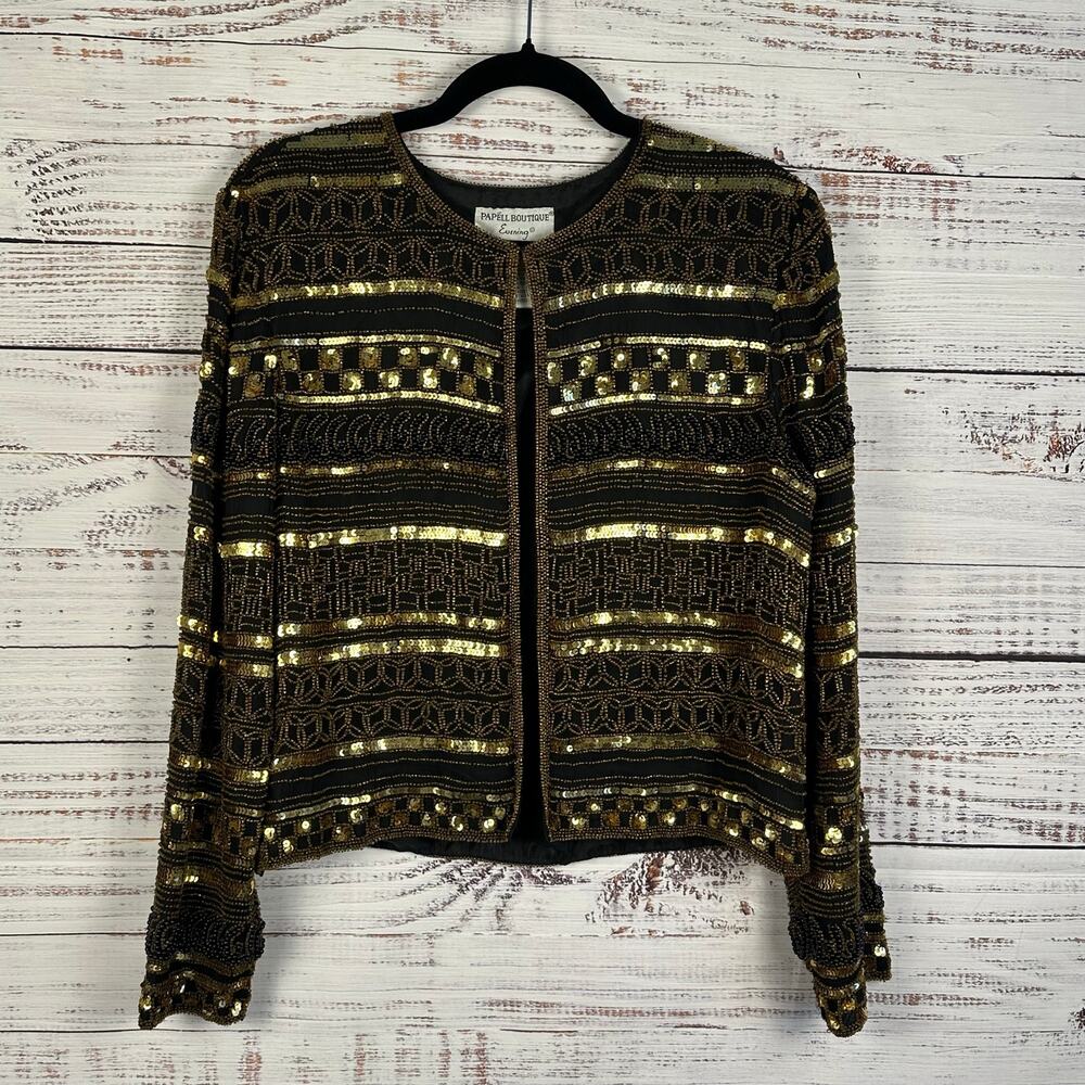 VTG Papell Boutique Evening Dinner Jack Black Gold Sequin Beaded Silk Womens L